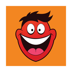 Cartoon character with a big smiling face and open mouth showing white teeth on orange background