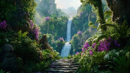 Serene Waterfall in Lush Tropical Paradise