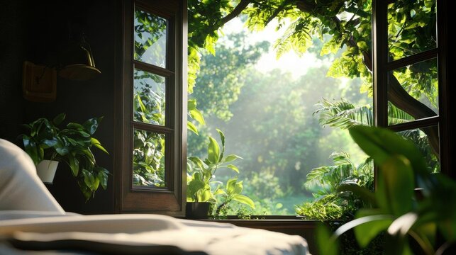 Fototapeta Bedroom with a large window that offers a beautiful view of the greenery outside. the window is made of wood and has a wooden frame.