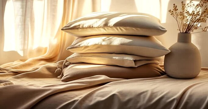 Stacked cream colored pillows with dried flowers in a vase.