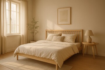 A bright bedroom with a bed, a window, a lamp, and a decorative plant silhouette