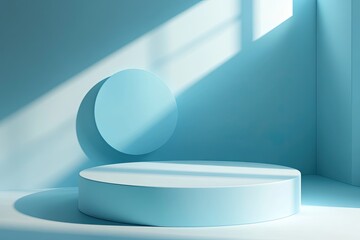 A minimalist blue platform with a circular cutout and soft, natural light