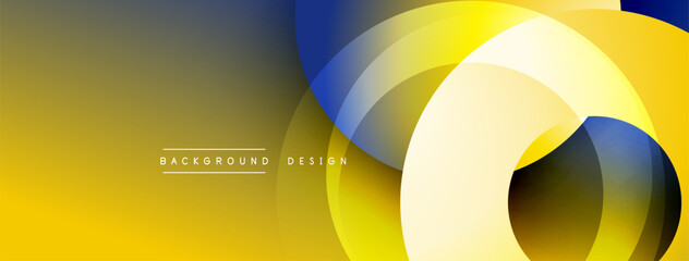 Abstract geometric design. Overlapping circles, gradients create dynamic visual effect. Yellow, blue hues dominate composition. Modern aesthetic.