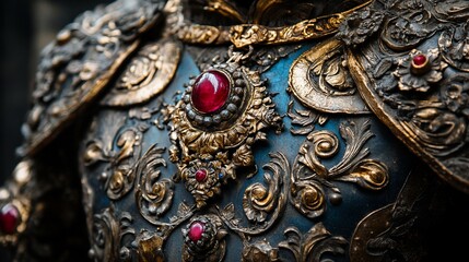 Ornate Golden and Blue Armor with Ruby Accents