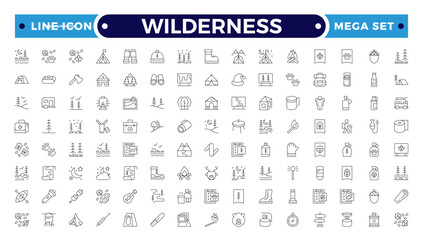 Wilderness Outline Icon Set. Adventure, Nature, Hiking, Camping, Mountains, Forest, Exploration, Backpack, Trail, Landscape, Outdoor Recreation, Travel, Wildlife, Tent. Editable stroke outline icon.