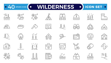 Wilderness Outline Icon Set. Adventure, Nature, Hiking, Camping, Mountains, Forest, Exploration, Backpack, Trail, Landscape, Outdoor Recreation, Travel, Wildlife, Tent. Editable stroke outline icon.