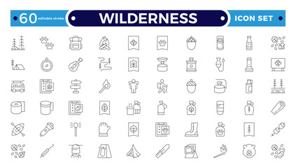 Wilderness Outline Icon Set. Adventure, Nature, Hiking, Camping, Mountains, Forest, Exploration, Backpack, Trail, Landscape, Outdoor Recreation, Travel, Wildlife, Tent. Editable stroke outline icon.
