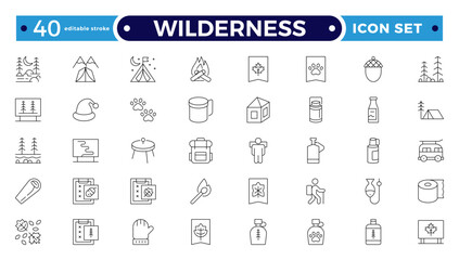 Wilderness Outline Icon Set. Adventure, Nature, Hiking, Camping, Mountains, Forest, Exploration, Backpack, Trail, Landscape, Outdoor Recreation, Travel, Wildlife, Tent. Editable stroke outline icon.
