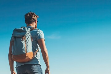 A man with a backpack stands facing a bright blue sky