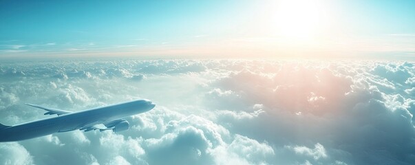 Airplane flying above a vast expanse of fluffy white clouds with a bright sun shining in the distance