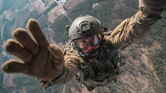 soldiers floating in the air after jumping from a plane