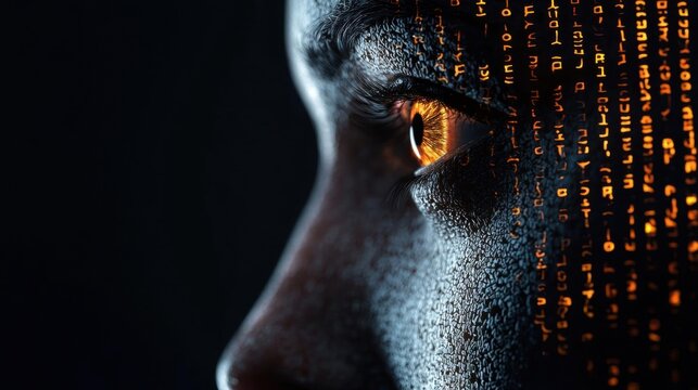 Close-up of a person's face, specifically their eye. the eye is the focal point of the image, with the iris and pupil clearly visible.