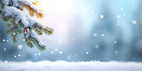 Close-up of snow-covered pine branches with delicate snowflakes in a bright winter daylight setting.