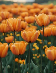 A field of vibrant orange tulips in full bloom
