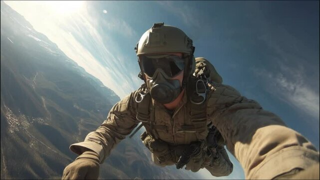 soldiers floating in the air after jumping from a plane
