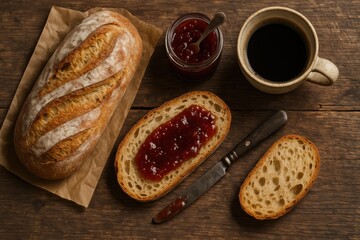Still life of bread jam and coffee on a wooden table top from above silhouette