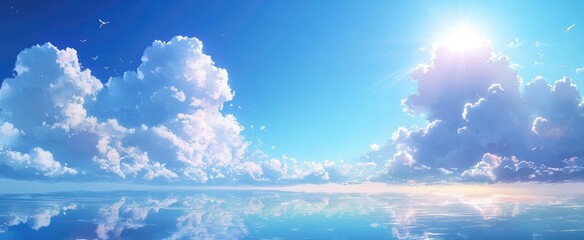 A serene scene with a bright sun shining through fluffy clouds reflected in a still body of water