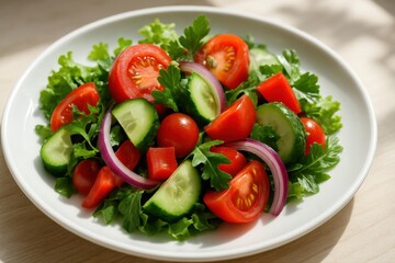 A fresh salad with tomatoes cucumbers and red onion on a white plate silhouette