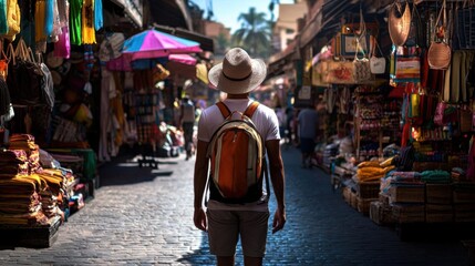 Obraz premium Man walking through a narrow street in a market. he is wearing a white t-shirt, khaki shorts, and a straw hat. he has a backpack on his back and is walking towards the right side of the image.