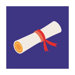 Isometric illustration of a rolled diploma with red ribbon and graduation ceremony theme