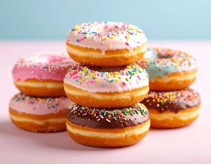 Fototapeta premium Stack of assorted delicious glazed donuts with sprinkles