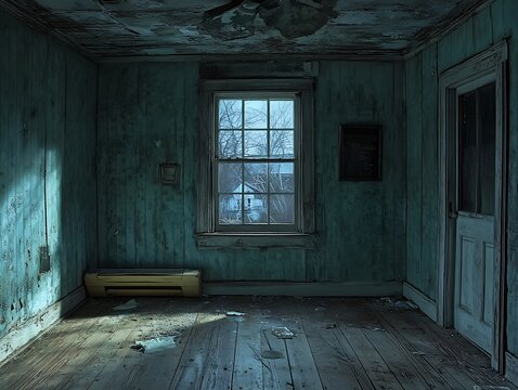 Dilapidated blue toned room with distressed walls, old wooden floor and open window