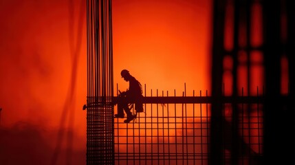 A powerful industrial moment with a worker focused on securing rebar, framed by a glowing orange sky..