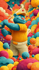 A blue cartoon bear in golf attire swings a club amid a vibrant, whimsical, and colorful abstract landscape of swirling shapes.