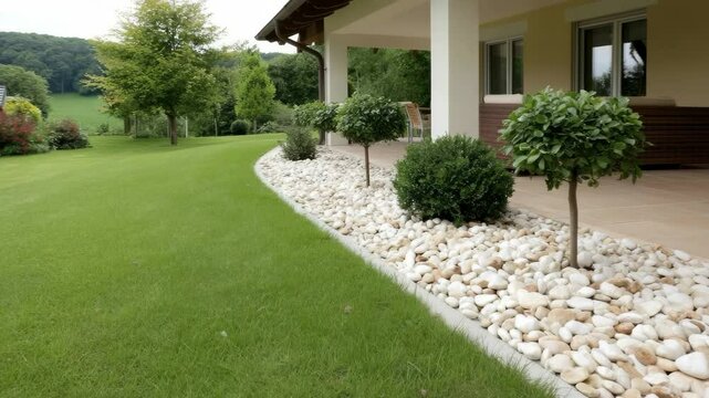 Landscaping ideas for a beautiful garden with green lawn and decorative plants in a peaceful setting