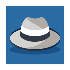 Stylish fedora hat illustration in a modern flat design with a simple blue background