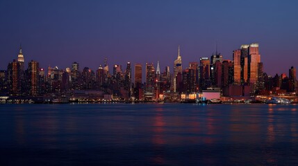 Fototapeta premium A romantic twilight view with warm lights and a soft glow over the skyline..