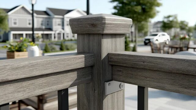 Detailed view of outdoor railing at a modern residential community showcasing craftsmanship and design