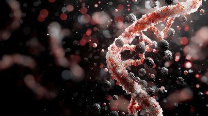 3d rendering of a dna strand. the strand is made up of multiple strands of dna, each with a different color - red, white, and black. the strands are intertwined and appear to be floating in the air.
