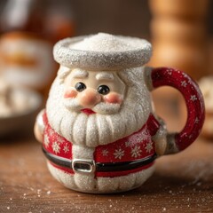 Obraz premium Small Santa Claus mug on wooden table with warm lighting, cozy holiday decor, morning setting.
