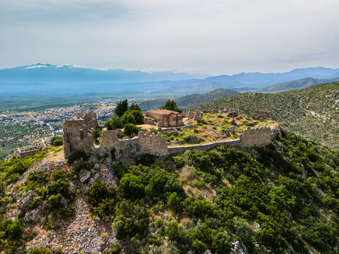 Aerial shot of Geraki castle, Peloponnese Greece.