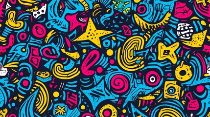Vibrant Abstract Doodle Pattern: Bold Colors and Dynamic Shapes