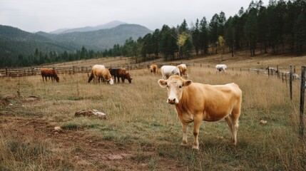 Fototapeta premium A solitary cow stands alert in a pasture while others feed, symbolizing the watchful life on an ethical cattle farm..
