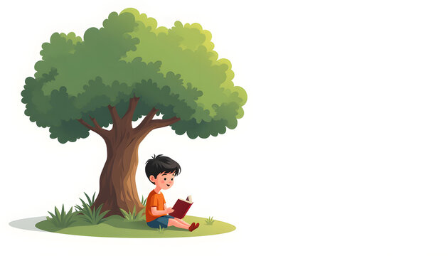 Child reading under tree illustration