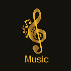 Fototapeta premium Stylish gold vector music logo featuring a bold treble clef and floating notes above the word “Music”. Perfect for music schools, labels, bands, or audio apps seeking a refined, professional identity.