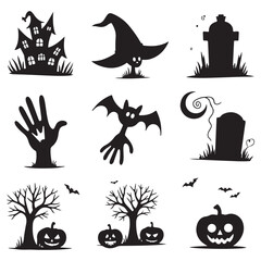 Collection of Halloween silhouettes. Haunted house, creepy tree, flying witch, pumpkins, halloween ghost,illustration vector design