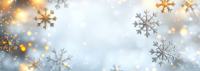 Silver snowflakes and gold bokeh lights on a light blue background