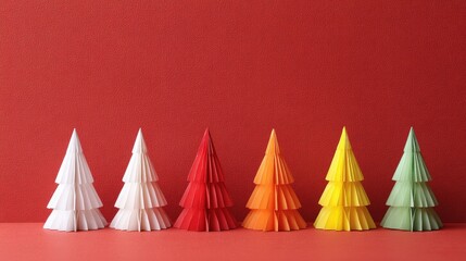 Colorful paper trees arranged in a row against a vibrant red wall, bright indoor setting.