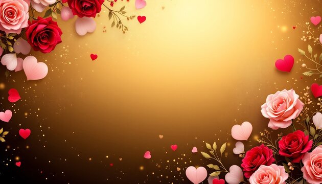Romantic Roses and Hearts on a Golden Background. A charming backdrop for love, showcasing roses and hearts in a warm, elegant setting