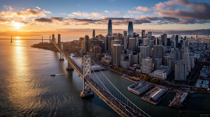 A sweeping aerial skyline at sunset, with the Bay Bridge stretching across sparkling water..