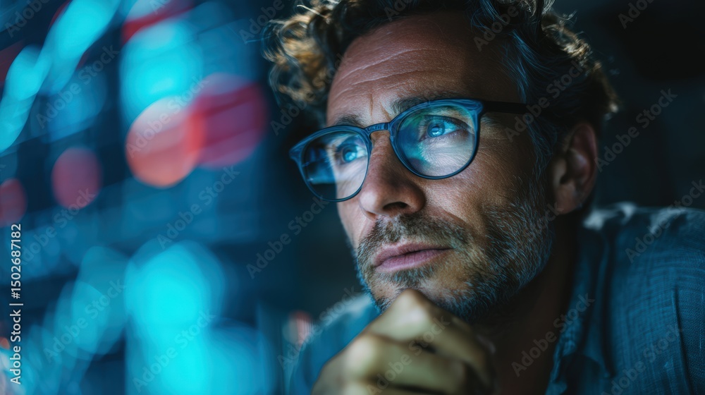 Wall mural a thoughtful businessman in midlife scrolls through data on a digital device, surrounded by a tech-s