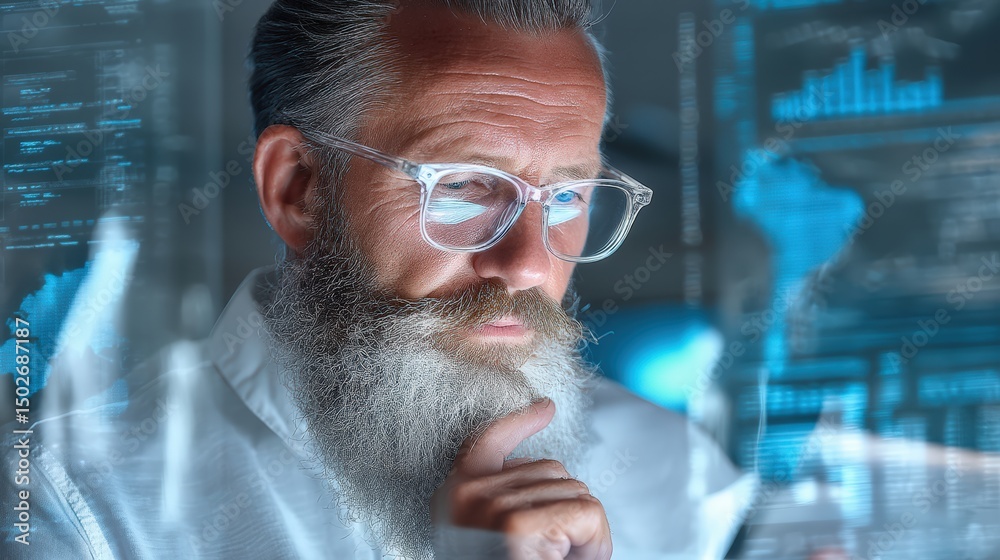 Wall mural a thoughtful businessman in midlife scrolls through data on a digital device, surrounded by a tech-s