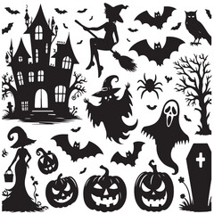 Obraz premium Collection of Halloween silhouettes. Haunted house, creepy tree, flying witch, pumpkins, halloween ghost,illustration vector design