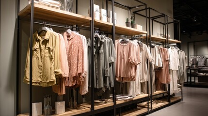 A trendy store with sleek wood-and-metal shelving showcasing light spring jackets, flowy blouses, and muted trousers..