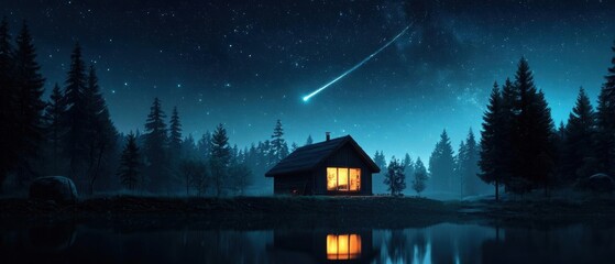 Fototapeta premium Beautiful night scene of a cabin in the middle of a forest. the cabin is made of wood and has a sloping roof, with a chimney on top.