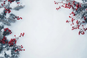 Evergreen branches with red berries on a snowy background